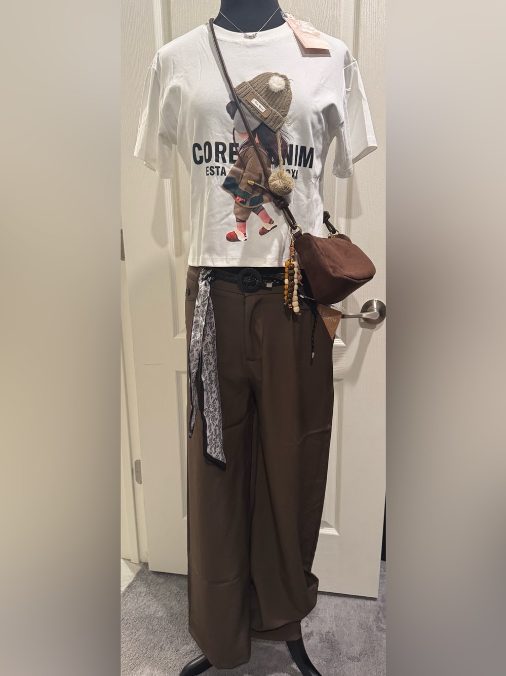 Bundle - Crop top, pants w/ belt & scarf, suede crossbody bag w/ charm, necklace